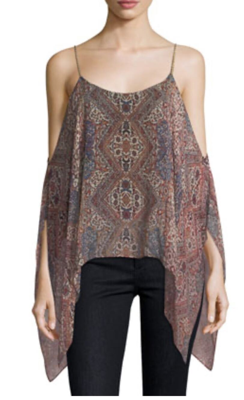 Ella Moss Cold Shoulder Silk Top Chain Detail Boho Print S